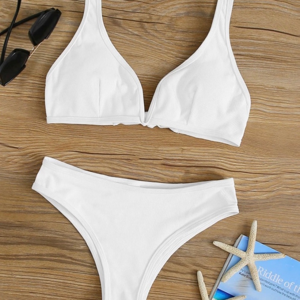 V-Front Tie Back Ribbed White Bikini
